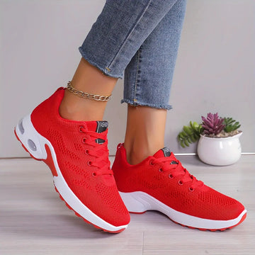 Plus Size Women's Comfortable Air Cushion Low Top Running Sneakers, Lace Up Knitted Outdoor Athletic Shoes Lady T Fashions