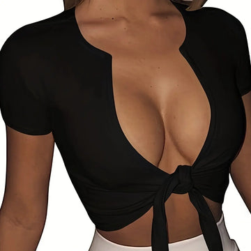 Ladies' New Casual Vacation Style Solid Color Chest Tie Fashion T-shirt Lady T Fashions