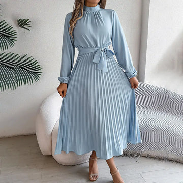 Elegant High Neck Long Sleeve Pleated Maxi Dress - Solid Color Flowy Dress For Women, Casual To Formal Wear Lady T Fashions
