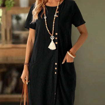 Women's Solid Color Button Front Short Sleeve Pocket Casual Dress Lady T Fashions