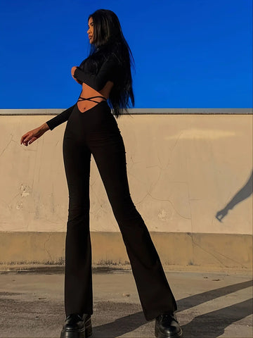 Long Length Solid Criss Cross Flare Leggings - High Waist Fitted, Elastic Waist, Mid Elasticity, Cross Strap, Sheer, Machine Washable - Perfect for Weekend Casual, Fall Season, Young Women Lady T Fashions