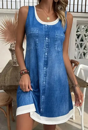 Women's Casual Sleeveless Beach Dress With Color Block Design, Round Neck, Faux Button Detail - Machine Washable Lady T Fashions