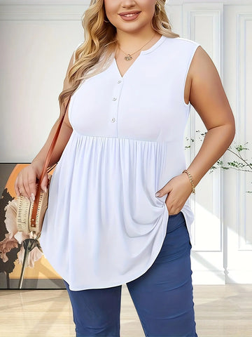 Plus Size Ruched Tank Top - Elegant Button Front, Flattering Ruched Detailing, Soft Notch Neck, Sleeveless, Relaxed Fit - Designed for Plus Size Women, Perfect for Summer, Womens Plus Size Clothing Lady T Fashions
