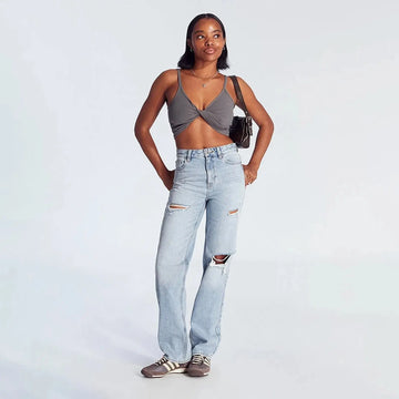 High Waist Ripped Straight Leg Jeans For Women Light Wash Casual Distressed Denim Pants With Knee Cut And Relaxed Fit Straight Leg Jeans Bottom Basic Baggy Jeans Lady T Fashions
