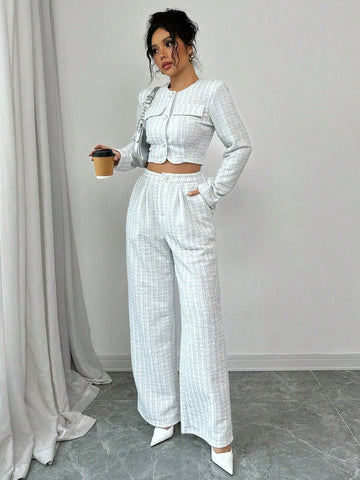 Spring And Autumn Long-sleeve Short-pants Suit, Tweed Short Jacket With Pearl Buttons, Elegant Round Neck Pearl Button Textured Jacket And Long Pants, Suitable For Commuting, Leisure, Dating, And Vaca Lady T Fashions