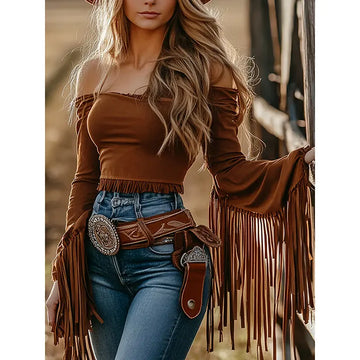 Women's Western Cowgirl Fringe Trim Tops Sexy Off Shoulder Long Sleeve T Shirts Tassel Top Lady T Fashions