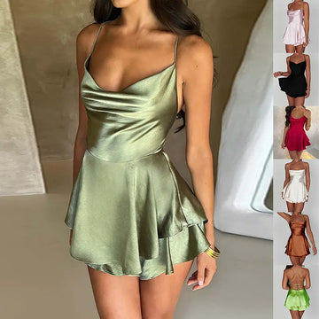 Sexy Suspender Skirt For Women Elegant Slim Strap Satin Backless Lace Up A-Line Short Dress Lady Lady T Fashions