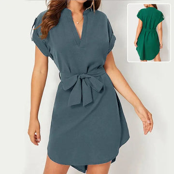 V-neck Short Sleeve Dress With Belt Summer Fashion Bowknot Dresses For Women Clothing Lady T Fashions
