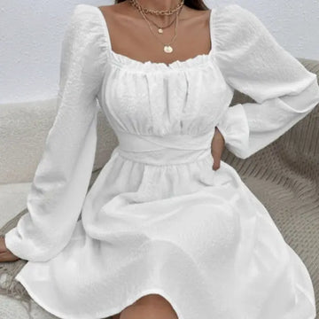 Ladies' Fashion Elegant Solid Color Collar Lace Fold Waist A-list Dress Lady T Fashions