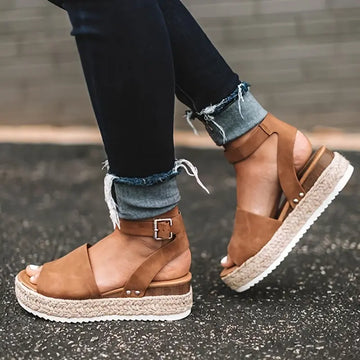 Mid Heel Platform Espadrille Sandals - Buckle Ankle Strap, Open Toe, Lightweight, Non Slip, Faux Leather Upper, PU Sole, Comfortable, Casual, Solid Color, Summer Shoes for Women Lady T Fashions