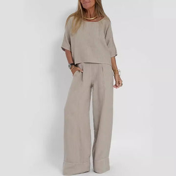 Women's Cotton And Linen Casual Cropped Sleeves Wide-leg Pants Suit Lady T Fashions