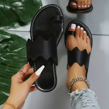 Women's Flat Slide Sandals, Black Open Toe Non Slip Toe Loop Shoes, Casual Outdoor Beach Slides Lady T Fashions