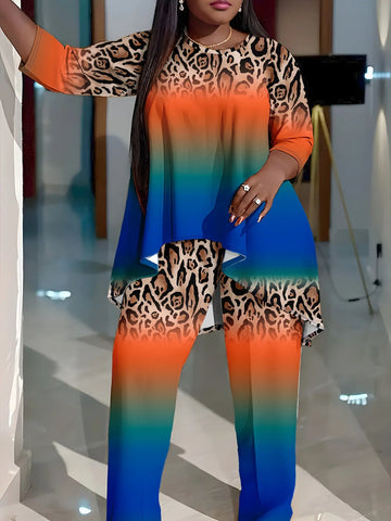 Plus Size Leopard Print Two-Piece Set - Classic Crew Neck Long Sleeve Top & Coordinating Pants Outfits for a Chic Look - Designed for Plus Size Women, Womens Fashion Clothing Collection Lady T Fashions