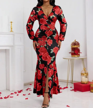 Ladies' V-neck Floral Print Fashionable Hip Hugging Dress Lady T Fashions
