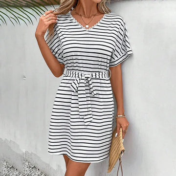 Womens Summer Short Sleeve Striped Dress Casual Tie Waist Midi Dresses Lady T Fashions