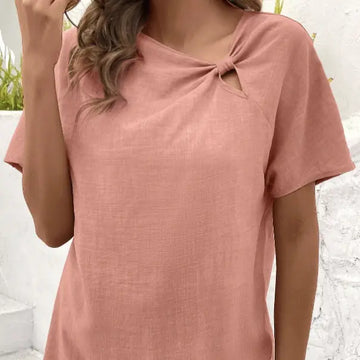 Ladies' Summer New Solid Color Hollow Asymmetrical Collar Fabric Pleated Decorative Details Elegant Style T-shirt Lady T Fashions
