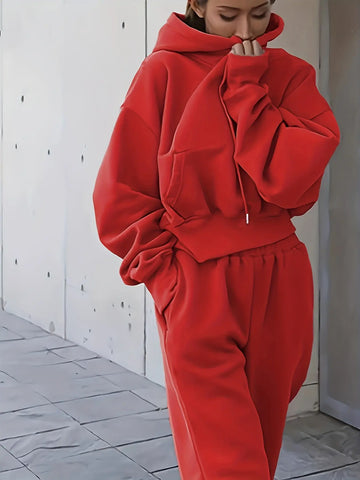 Women'S Cozy Red Hoodie & Sweatpants Set - Casual Long Sleeve Pullover with Pockets, Soft Polyester Blend, Perfect for Fall/Winter Lounging or Outdoor, Sweater Hoodie Lady T Fashions