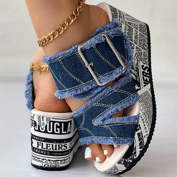 Women's Letter Print & Denim Canvas Sandals, Slip-on Buckle Wedge Heel Shoes, Fashion & Summer Women's Shoes Lady T Fashions