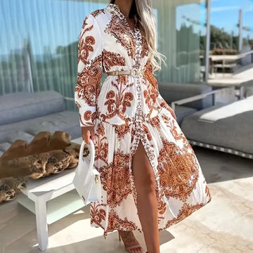 Women's Bohemian Flowy Maxi Dress - Charming V-Neck With Bell Sleeves, Bold Printed Pattern, Side Slit Design Lady T Fashions