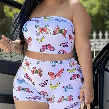 Ladies' Fashionable And Casual Slim Fit Butterfly Print Chest Wrapped Top And Shorts Set Lady T Fashions