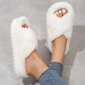 Women's Platform Fuzzy House Slippers, Open Toe Criss Cross Solid Color Casual Home Slides, Women's Indoor Flat Comfy Shoes Lady T Fashions