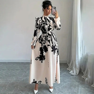 Women's Floral Print Long Sleeve Maxi Dress - Stand Collar A-Line Dress With Waist Detail, Lantern Sleeves & Ruffle Hem For Spring&Fall Lady T Fashions