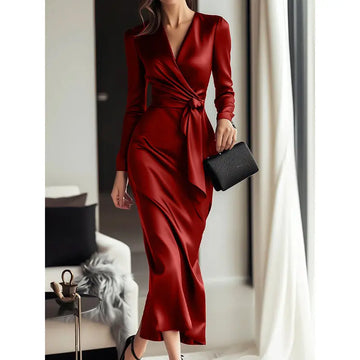 Women's Burgundy Satin Midi Dress Elegant V-Neck Long Sleeve Bodycon Dress With Belted Waist Lady T Fashions