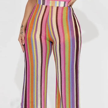 Ladies' Fashionable Casual Printed Rainbow Stripe Straight Leg Wide Leg Pants Lady T Fashions