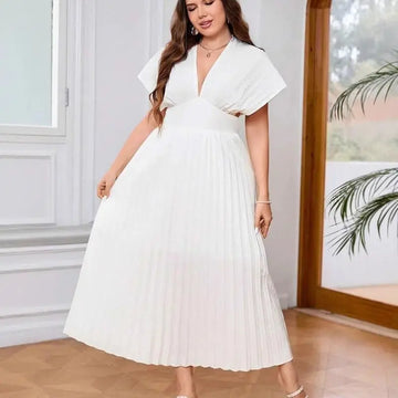V-neck Sexy Bat Sleeve Slim-fit Pleated A- Line Dress Lady T Fashions