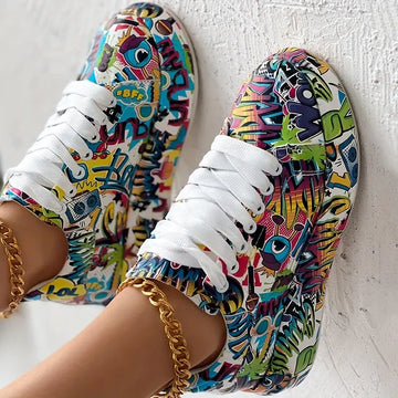 Womens Graffiti Art Sneakers - Stylish Lace-Up Platform Shoes with Comfortable Low Top Design - Perfect for Sports & Casual Wear - Fashionable Skate Style Lady T Fashions