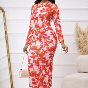 Ladies' Fashionable And Elegant Temperament Petal Print Autumn And Winter Long Sleeved Dress With Elegant Orientation Lady T Fashions