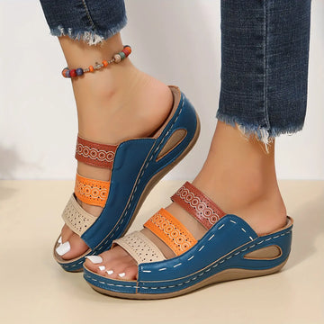 Women's Colorblock Wedge Sandals, Open Toe Hollow Out Slip On Slides Shoes, Casual Outdoor Slides Lady T Fashions