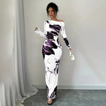 Women's Elegant Off-Shoulder Tie-Dye Floral Bodycon Dress Stretchy Season Party & Casual Dress Lady T Fashions