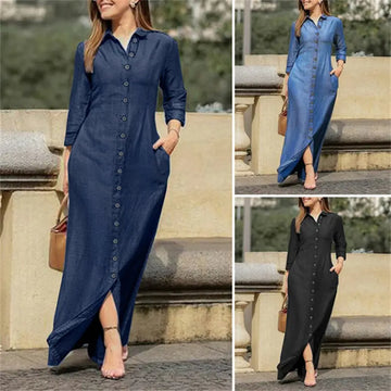 Womens Casual Button Down Denim Maxi Dress Long Sleeve Long Jean Dresses With Pockets Lady T Fashions