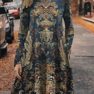 European And American Summer 3D Printing Dress Floral Round Neck Long Sleeve Lady T Fashions