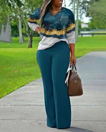 All Over Print Two-piece Set, V Neck Long Sleeve Top & Wide Leg Pants Outfits, Women's Clothing - Lady T Fashions