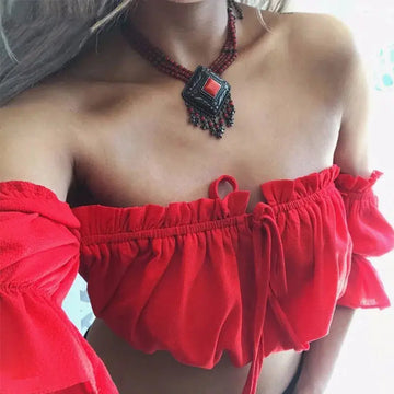 crop tops women summer lantern sleeve sexy strapless beach tops red black white ruched crop top tank top croptop - Lady T Fashions
