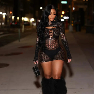 Women's Sexy Long Sleeve Jumpsuit See Through Outfit Sheer Mesh Hollow Out Night Club Short Romper - Lady T Fashions