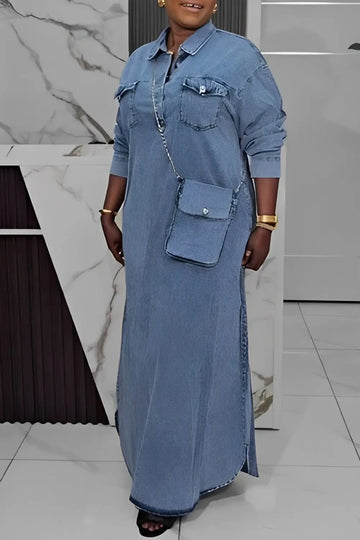Plus Size Dresses Daily Light Blue Shirt Collar Long Sleeve Button Pocket Tencel Denim Maxi Dresses 2025 Women - Lady T Fashions