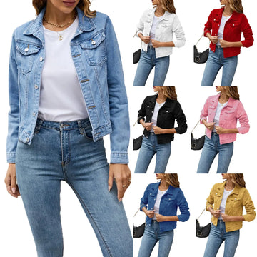 Women's Denim Jackets Fashion Female Casual Long Sleeve Lapel Solid Button Down Chest Pocket Slim Jean Jacket Fall Winter Coat - Lady T Fashions