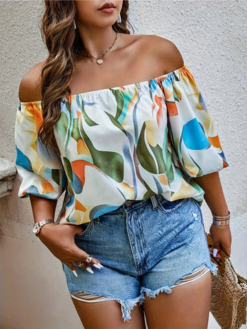 Plus Size Summer Women Elegant Shirt Casual Fashion Off the Shoulder Print Tops Vacation Loose Female Clothing - Lady T Fashions