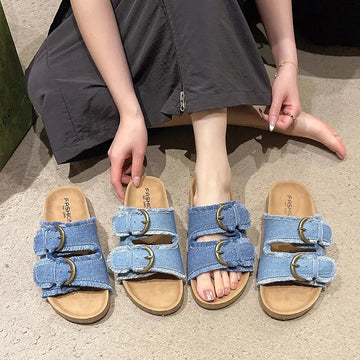 2025 New Summer Beach Cork Slippers Casual Double Buckle Non-slip Clogs Slides Women Slip on Flip Flop Shoe Denim Slipper Female - Lady T Fashions