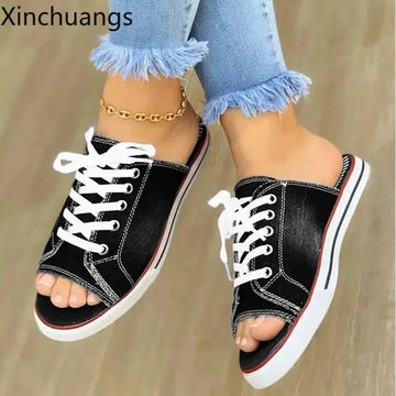 Women Canvas Flat Slipper Lace Up Peep Toe Casual Shoe Female Fashion Denim Beach Shoes - Lady T Fashions