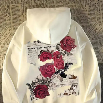Hoodie Men Graphic Vivid Rose Print Cotton Hoodies American Retro Personality Streetwear Casual Hooded Sweatshirt Men's Clothing - Lady T Fashions