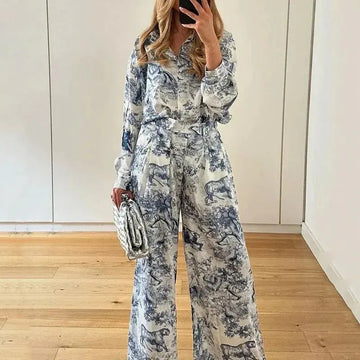 European American Women's Clothing Set Fashionable Printed Collared Shirt Laid-back Style Spring Summer Fashion Set for Women - Lady T Fashions