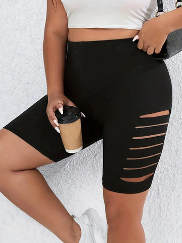 Summer Sexy Solid Color Five Quarter Pants Black High-waisted Plus Size Shorts Fashion Trend Side Holes All Match Shorts Women - Lady T Fashions