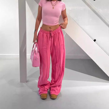 Women Pants Mid Waist Drawstring Trousers Wide Leg Pant Office Lady Elegant Loose Slight Strech Capris Summer Y2k Streetwear Lady T Fashions