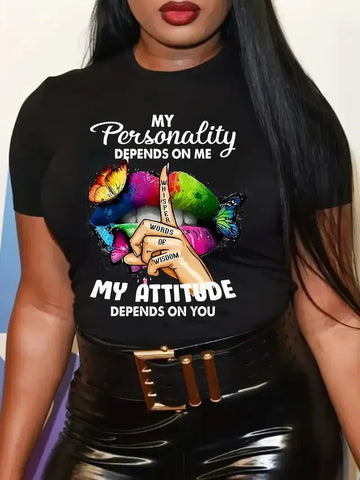 Butterfly and Lip Printed Plus Size T-Shirt Women Short Sleeved Round Neck Casual Top Fashionable Street Original Style Tops - Lady T Fashions