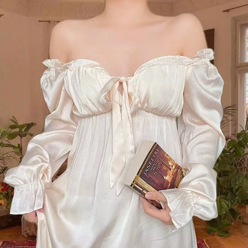Women's Elegant Nightgown French Style Ladies Summer Long Sleeve Night Dress Bow Sexy Homewear Nightdress For Female S-2XL - Lady T Fashions