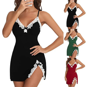 Sexy Sleepwear Women Lace Silk Satin V-Neck Nightgown Split Hem Soft Lingerie Night Dress Sleeveless Sleepwear Female Clothes - Lady T Fashions
